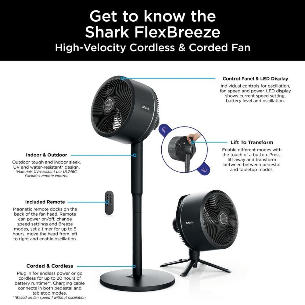 Shark FlexBreeze High-Velocity Hybrid Cordless and Corded Fan in Black – FA220UK